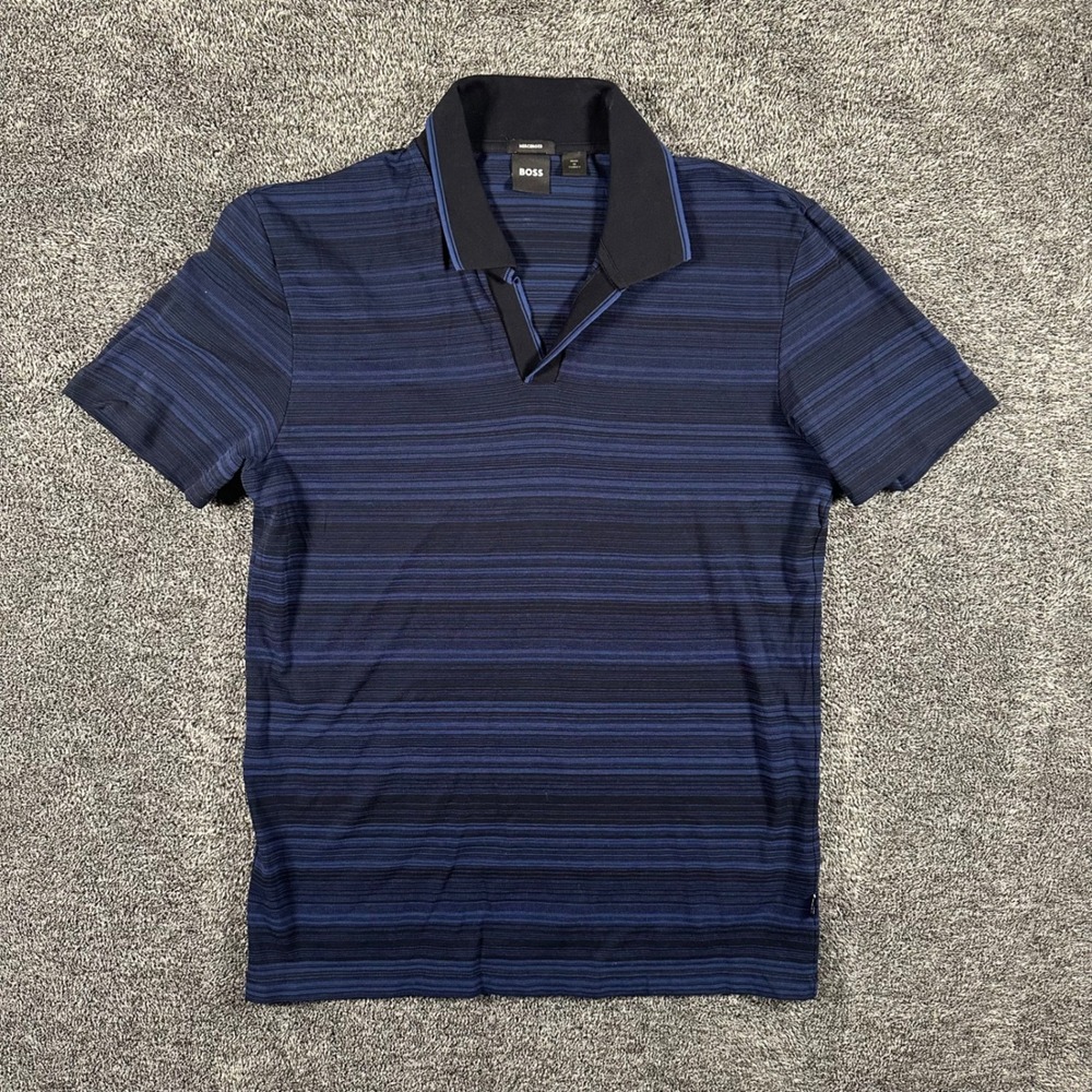 Hugo Boss Polo Shirt Mens L Mercerized Blue Striped Short Sleeve V-Neck Designer